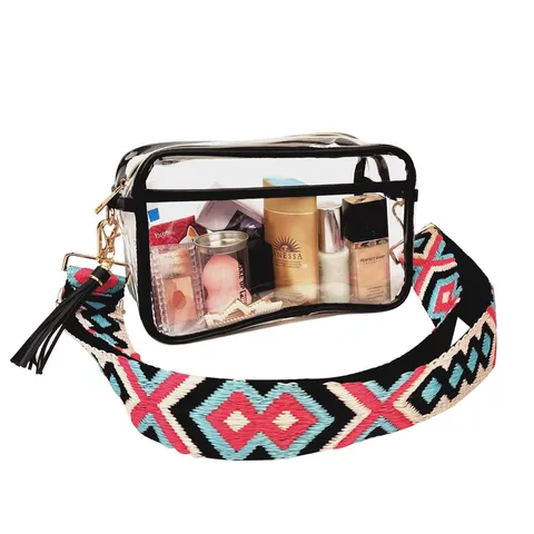 Borsa a Tracolla Trasparente in PVC Borsa da Toeletta Chiara Grande Capacità Borsa a Spalla Con Tracolla Tessuta Etnica Borsa Donna Moda