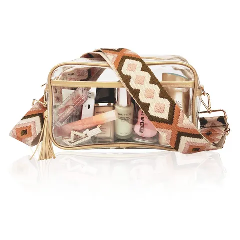 Borsa a Tracolla Trasparente in PVC Borsa da Toeletta Chiara Grande Capacità Borsa a Spalla Con Tracolla Tessuta Etnica Borsa Donna Moda