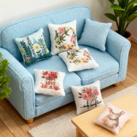 Almohada Decorativa Miniatura de Casa de Muñecas Primavera Pascua Cojín de Sofá Sala Micro BJD Tela Juguete