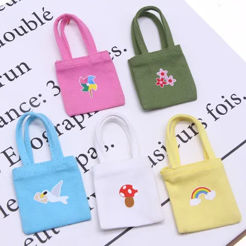 Dollhouse Miniature Canvas Bag Handmade Cute Cartoon Print Handbag Shoulder Bag For Bjd Miniature Scene Doll Accessories