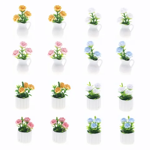 Plante en Pot Miniature pour Maison de Poupée Simulation Fleur de Rose Pot en Résine Micro Paysage Décoration de Jardin Accessoire