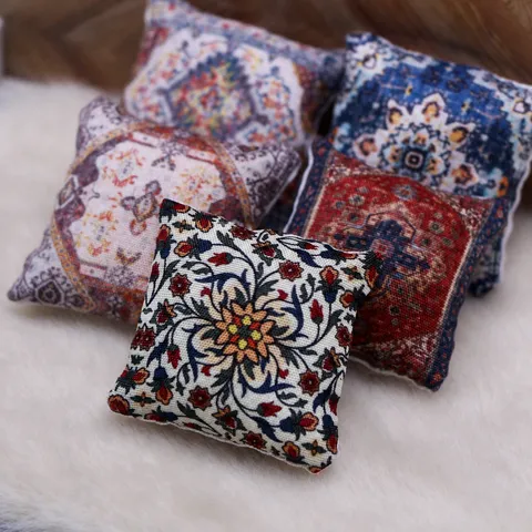 Miniatuur Boheemse Stijl Poppenhuis Kussen Vintage Geometrische Print Micro Scène Bank Kussen Decoratief Speelgoed Accessoire
