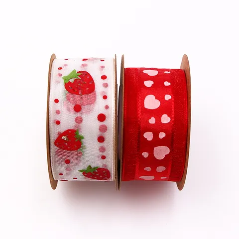 Polyester Fabric Ribbon Strawberry And Heart Printed Ribbon For Gift Wrapping Holiday Party DIY Craft Decoration