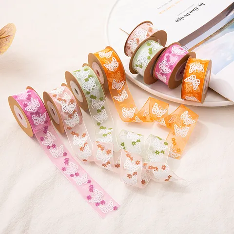 Organza Ribbon Foamed Printed Butterfly Webbing Sheer Ribbon for Gift Packaging Wedding Craft Decoration