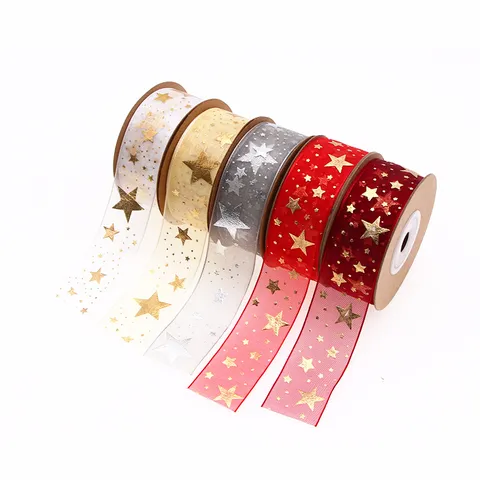 Organzaband Mit Gold Silber Folienprägung Sternmuster Für Geschenkverpackung Weihnachten Feiertag Party Dekoration