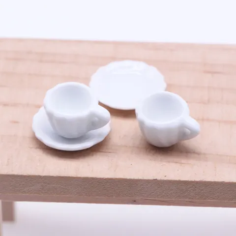 Casa de Muñecas Miniatura Simulación Cerámica Blanco Taza y Platillo Conjunto Casa de Muñecas Cocina Comida Juego Escena Modelo Accesorios