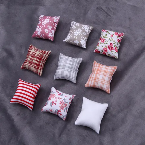 Dollhouse Miniature Cotton Pillow Sofa Cushion Cute Floral Plaid Striped Dollhouse Model Home Decor Toys