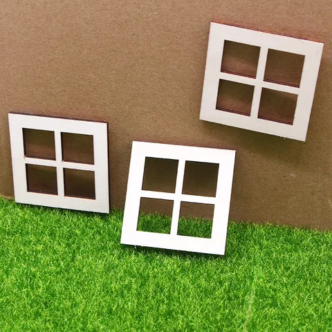 Maison de Poupée Miniature Bois Brut Quatre Grilles Fenêtre Porte Modèle DIY Noël Conte de Fées Jardin Scène Accessoires