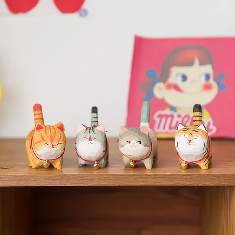 Handgemachte Holz Katze Figur Tisch Ornament Süße Tier Schnitzerei Handwerk mit Glocke Heim Büro Dekor Geschenk