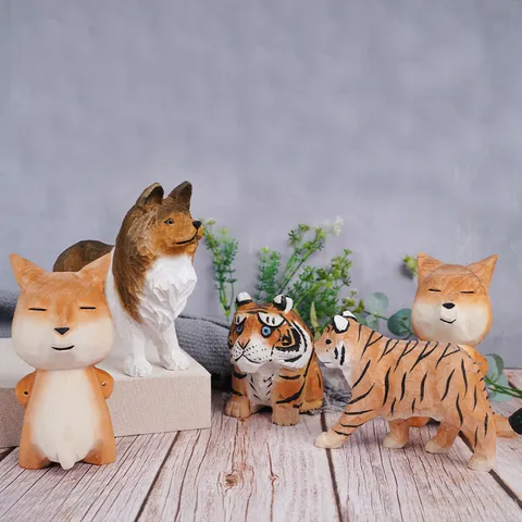 Handgemachte Massivholz Geschnitzte Tier Tiger Hund Ornament Kreative Desktop Auto Dekoration Handwerk Vatertagsgeschenk