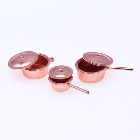 Dollhouse Miniature Kitchen Accessories Metal Soup Pots Pan Cookware Model Doll House Decoration Toys Three Piece Set