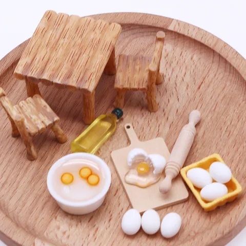 Poppenhuis Miniatuur Scène Eten Spel Gereedschap Hars Stoel Deegroller Olijfolie Ei Model DIY Keuken Accessoire Speelset