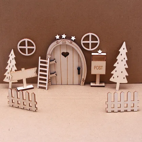 Dollhouse Miniature Fairy Door Set Wooden Fairy Garden Accessories DIY Doll House Furniture Kids Pretend Play Toy
