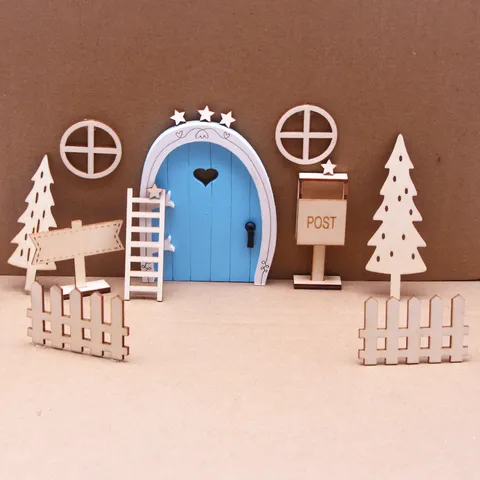 Dollhouse Miniature Fairy Door Set Wooden Fairy Garden Accessories DIY Doll House Furniture Kids Pretend Play Toy