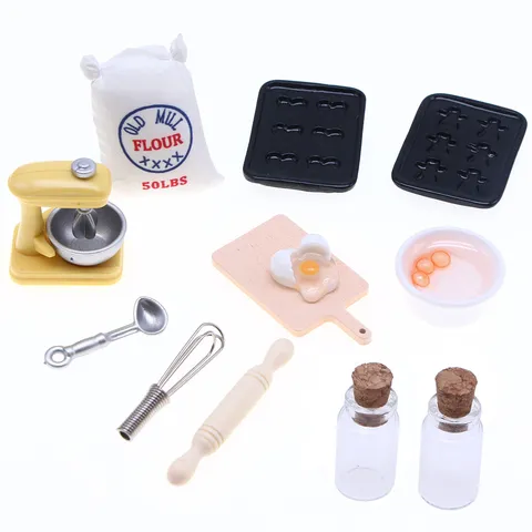 Poppenhuis Miniatuur Scène Eten Spel Gereedschap Hars Stoel Deegroller Olijfolie Ei Model DIY Keuken Accessoire Speelset