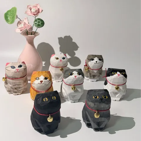 Handgemachte Holz Katze Figur Süsse Tier Holzschnitzerei Skulptur Desktop Ornament Auto Innendekoration Heilendes Geschenk