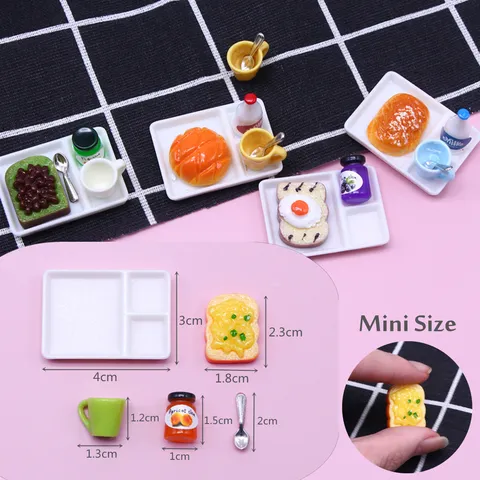 Puppenhaus Miniatur Frühstück Essen Spielzeug Harz Toast Marmelade Milch Tablett Tasse Löffel Puppenhaus Küche Zubehör