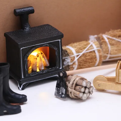 Miniature Dollhouse Winter Scene Accessories Wooden Fireplace Pushcart Straw Bundle Doll House Furniture Decor