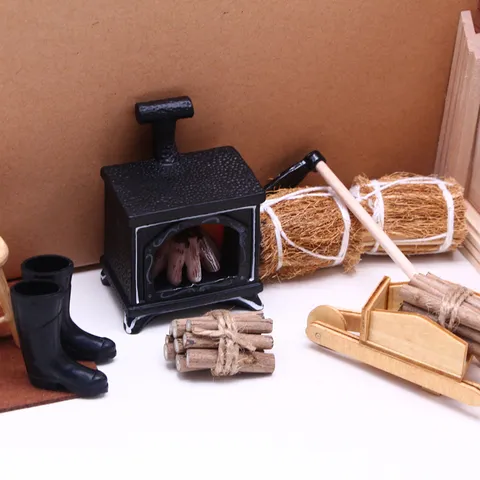 Miniature Dollhouse Winter Scene Accessories Wooden Fireplace Pushcart Straw Bundle Doll House Furniture Decor