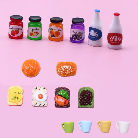 Puppenhaus Miniatur Frühstück Essen Spielzeug Harz Toast Marmelade Milch Tablett Tasse Löffel Puppenhaus Küche Zubehör