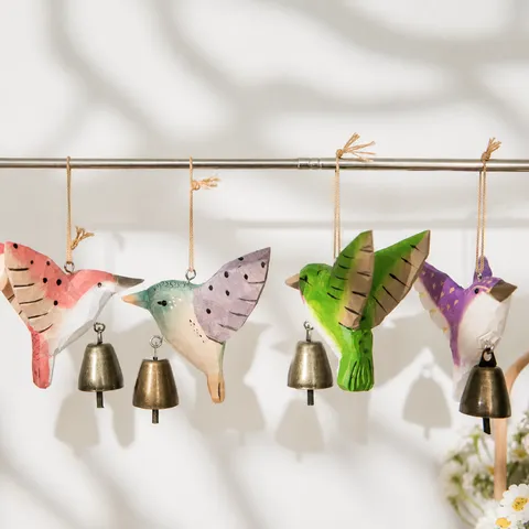 Adorno Colgante de Colibrí de Madera Hecho A Mano Figura Con Campana De Metal Carillón De Viento Para Hogar