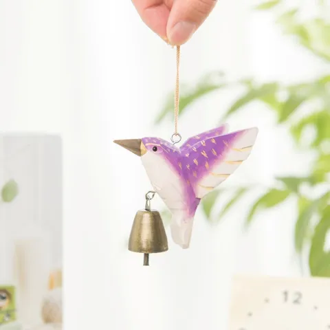 Adorno Colgante de Colibrí de Madera Hecho A Mano Figura Con Campana De Metal Carillón De Viento Para Hogar