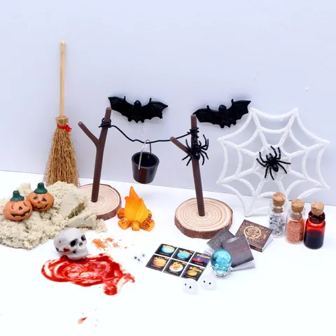 Miniatuur Halloween Poppenhuis Decor Set Pompoen Heksenbezem Hars Beeldje Rekwisieten Feest Micro Landschap Accessoires
