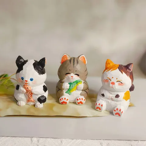 Adorno de Escritorio de Madera Gato de la Suerte Lindo Figura de Animal Pintada a Mano para Decoración de Interiores de Hogar Oficina Coche