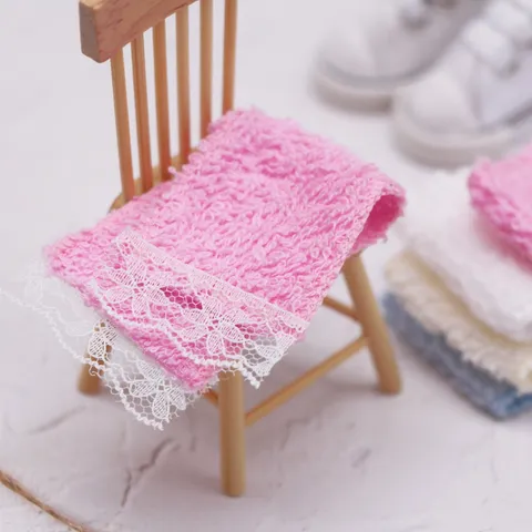 Dollhouse Miniature Towel Bath Towel With White Lace Trim Doll Bathroom Scene Prop Micro Landscape Doll Accessories