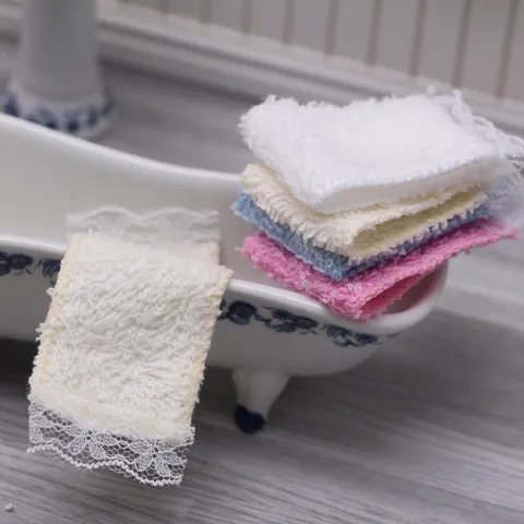 Dollhouse Miniature Towel Bath Towel With White Lace Trim Doll Bathroom Scene Prop Micro Landscape Doll Accessories