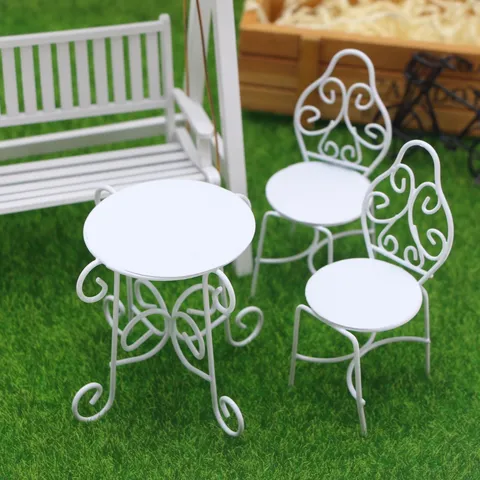 Miniatuur Ijzer Poppenhuis Tafel en Stoel Set Buiten Tuin Binnenplaats Miniatuur Meubel Wit Metaal Decor