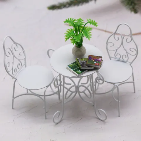 Miniatuur Ijzer Poppenhuis Tafel en Stoel Set Buiten Tuin Binnenplaats Miniatuur Meubel Wit Metaal Decor