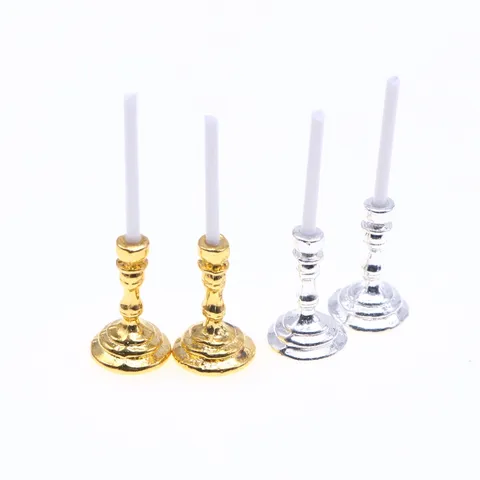 Dollhouse Miniature Gold Silver Candlestick Doll Accessories Simulation Metal Candle Model Micro Landscape Table Decor