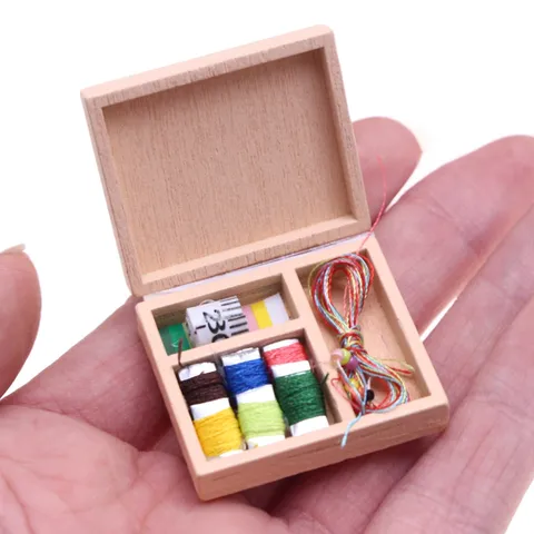 Dollhouse Miniature Wooden Sewing Box Model Accessories BJD Doll House Scene Tiny Micro Sewing Tool Set Home Decor