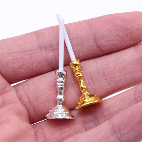 Dollhouse Miniature Gold Silver Candlestick Doll Accessories Simulation Metal Candle Model Micro Landscape Table Decor