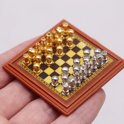 Dollhouse Miniature Metal International Chess Table And Chessboard BJD Doll Scene Prop Model Accessories