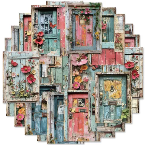 Vintage Floral Wooden Door Material Paper Set Decorative Scrapbook Journaling Paper DIY Art Craft Stationery Supplies