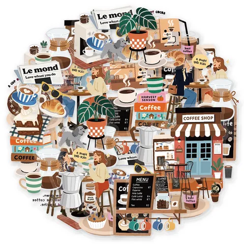 Coffee Theme Decorative Stickers Pack Waterproof PVC Aesthetic Decals For Laptop Phone Case Luggage Water Bottle