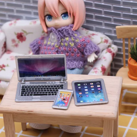 Miniature Alloy Laptop Tablet and Smartphone Set Dollhouse Electronic Models Doll Room Study Scene Decor Toy