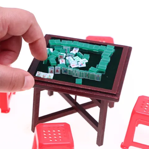 Dollhouse Miniature Mahjong Table And Chairs Model Micro Board Game Prop Doll House Furniture Accessories