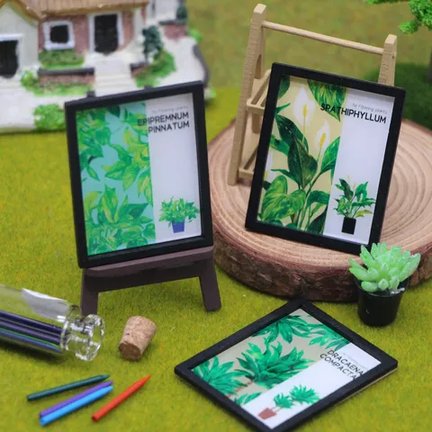 Maison de Poupée Miniature Plante Cadre Photo en Bois Chambre de Poupée Scène Décorative Peinture Murale Modèle de Meuble