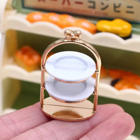 Dollhouse Miniature Metal Dessert Stand With Two Plates Gold Afternoon Tea Food Play Toy Doll House Accessories