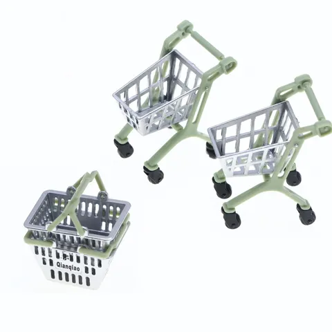 Miniature Dollhouse Supermarket Shopping Cart And Basket Simulation Micro Scene Props Model Accessories Plastic Toy