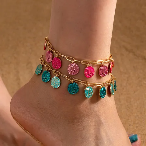 Chaîne de Cheville Double Couche Bohème en Alliage Émail Disque Gland Pendentif pour Femme Bijoux de Pied de Plage Électroplaqué Or Blocs de Couleur