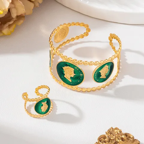 Ensemble de Bijoux Portrait de Pièce en Émail Vintage pour Femmes Bracelet et Bague Ouverte en Alliage Plaqué Or Motif de Pièce en Relief