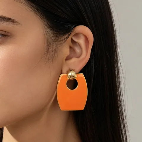 Boucles d'Oreilles Géométriques Carrées Boule en Émail de Couleur Contrastée Style Européen Américain Boucles d'Oreilles Trapèze Creuses pour Femmes Bijoux Mode