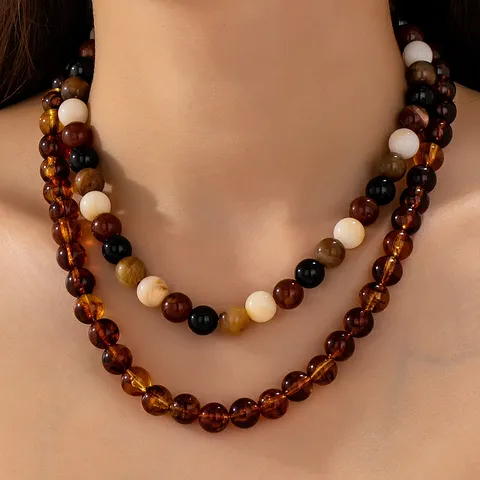 Collier à Double Rang de Perles pour Femmes Vintage Coloré en Résine Ras du Cou Bijoux de Vacances à la Plage Chaîne Ajustable