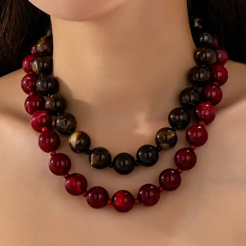 Collier de Perles Rondes en Acrylique de Luxe Rétro Européen pour Femmes Collier Chaîne de Clavicule Perlé Marron Rouge pour Banquet Fête Bijoux