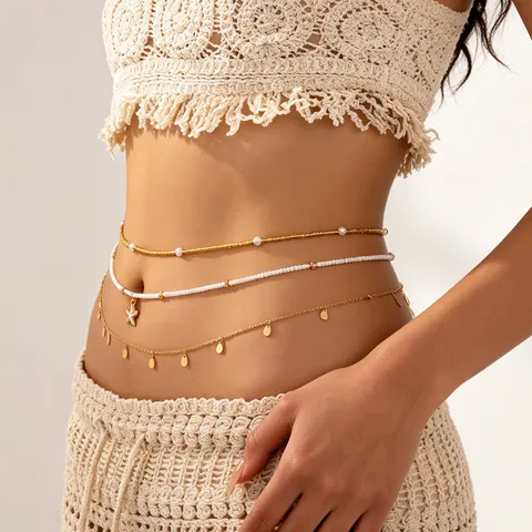 Women Sexy Beach Vacation Multilayer Beaded Belly Chain With Starfish Pendant Sequin Tassel Gold Alloy Artificial Pearl Waist Chain Body Jewelry