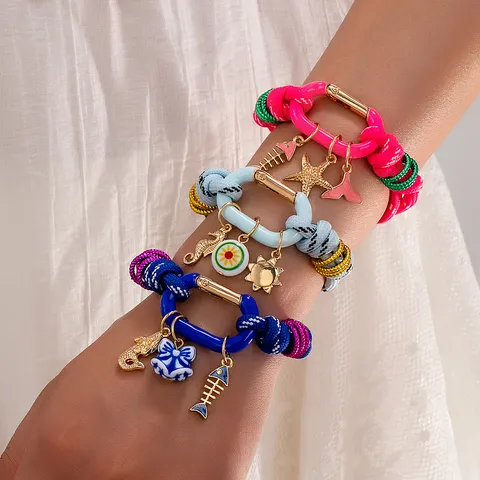Bracelet Style Océan Nœud Tressé Couleur Dopamine Pour Femmes Pendentif Queue De Poisson Hippocampe Étoile De Mer En Alliage Bijoux Cadeau Plage Vacances